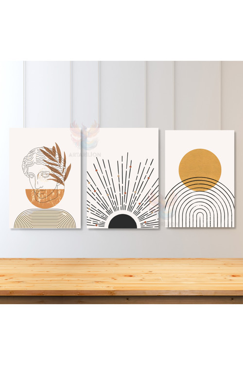 3'lü Set Kanvas Tablo Minimalist Tasarım Line Art Heykel ve Güneş Oturma Bohemian Kanvas Tablo