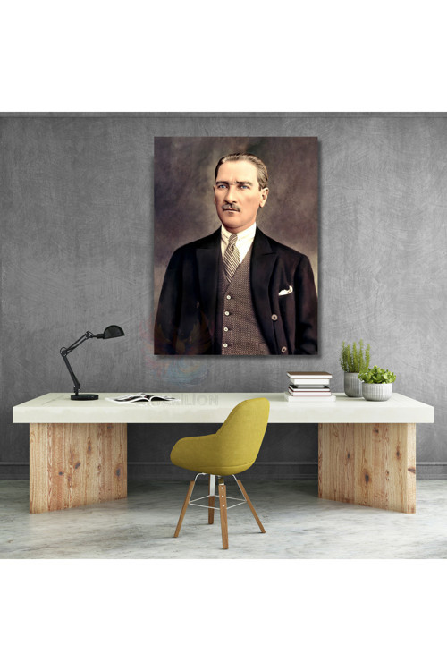 Renklendirilmiş Atatürk Kanvas Tablo Modeli Dikey Duvar Tablosu Ofis Ev Dekoru