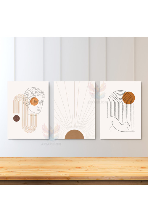 3'lü Set Kanvas Tablo Minimalist Boho Modern Line Art Kedi Güneş ve Heykel Duvar Tablosu Bohemian