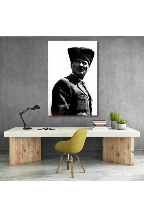 Kanvas Tablo Atatürk Görseli Siyah Beyaz Dikey Duvar Tablosu Ev Ofis Dekoru