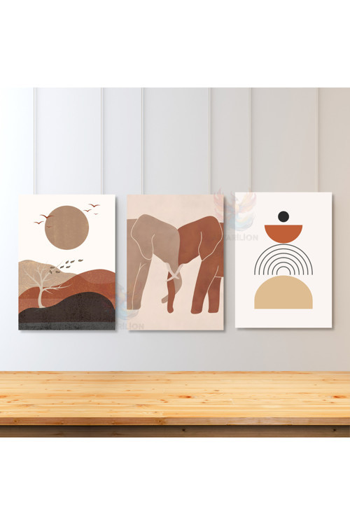 3'lü Set Kanvas Tablo Minimalist Ağaç ve Filler Oturma Odası Tablosu Bohemian Kanvas Tablo