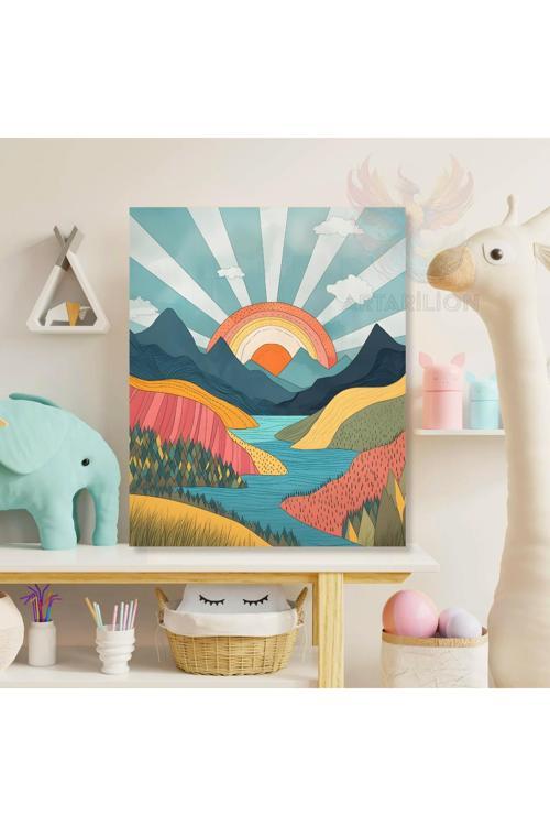 Kanvas Güneş ve Doğa Desenli Baskı Tablo Oyun Odası Tablosu Duvar Dekoru