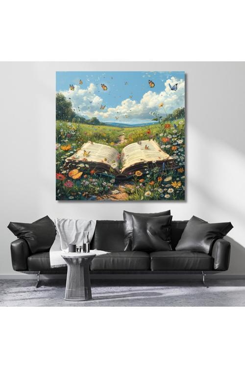 Kitaplar ve Kelebekler Kanvas Dijital Baskı Duvar Tablosu Yeni Ev Hediyesi