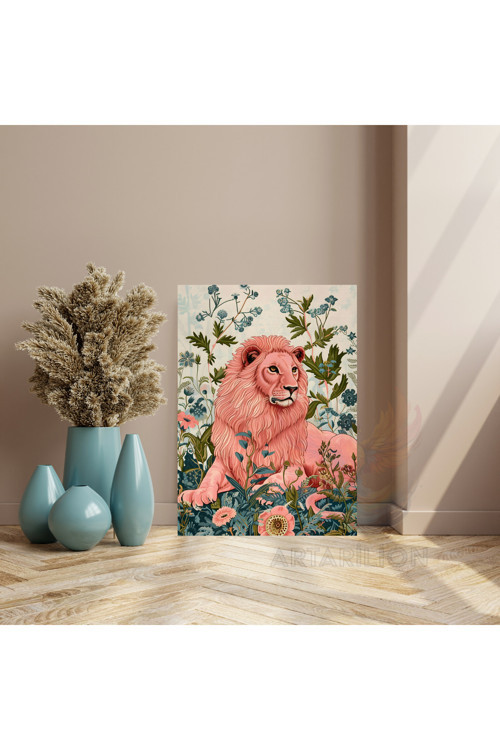 Kanvas Tablo Çiçeklerin İçindeki Aslan Dijital Baskı Salon Tablosu