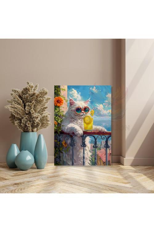 Kanvas Tablo Limonata İçen Kedi Görseli Dijital Baskı Tablo Yeni Ev Hediyesi