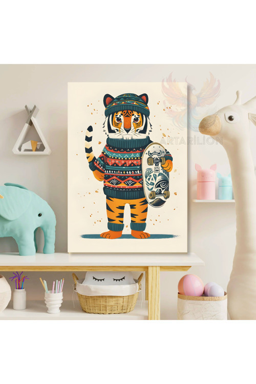 Kanvas Kaykaylı Küçük Kaplan Desenli Baskı Tablo Oyun Odası Tablosu