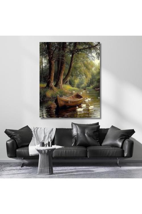 Göldeki Kayık ve Ördekler Manzara Kanvas Tablo Ev Dekoru Salon Tablosu
