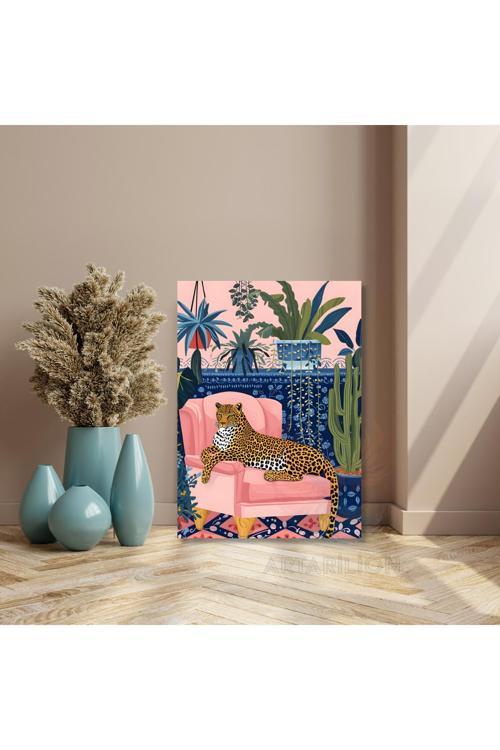 Kanvas Tablo Pembe Koltuktaki Çita Renkli Duvar Tablosu Salon Tablosu
