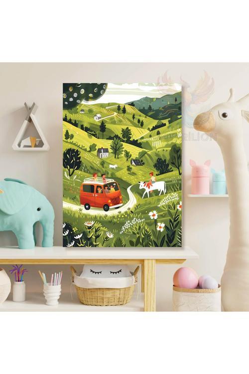 Kanvas Yeşil Doğa ve Kırmızı Araba Baskı Tablo Duvar Dekoru