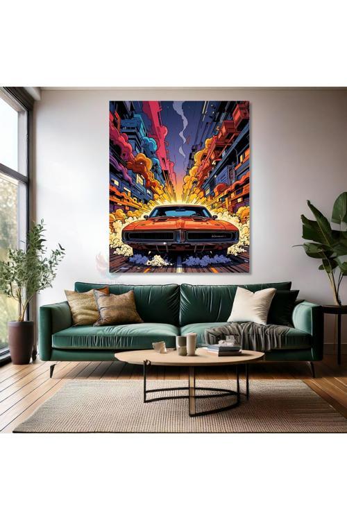 Renkli Çizim Klasik Spor Araba Görseli Kanvas Tablo Genç Odası Tablosu