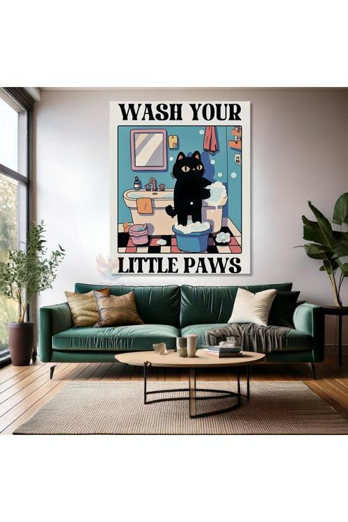 Elini Yıkayan Sevimli Kedi Kanvas Tablo Duvar Sanatı Kedi Tablosu