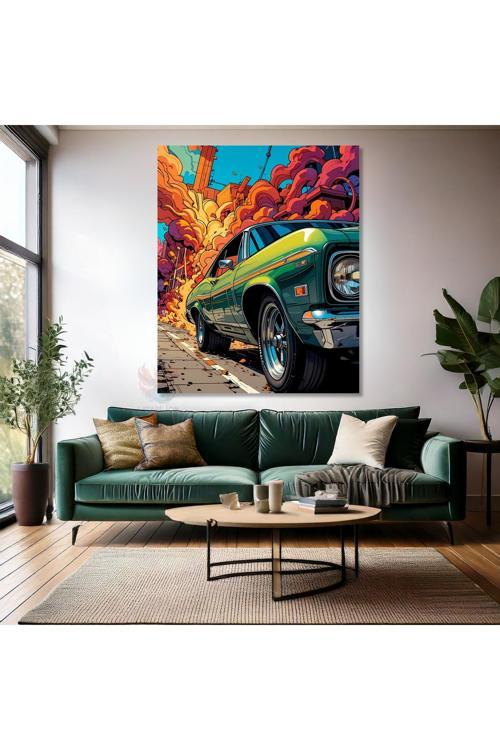 Yeşil Araba Renkli Dumanlar Kanvas Tablo Modern Genç Odası Tablosu