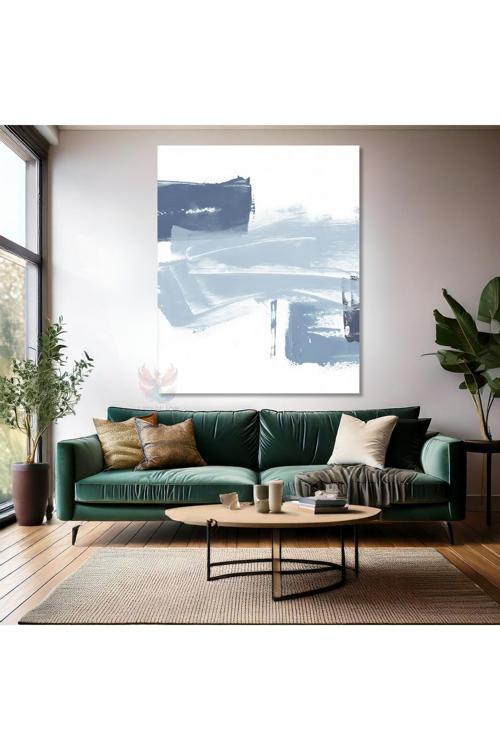 Mavi Beyaz Fırça Darbeleri Kanvas Tablo Soyut Tasarım Baskı Salon Tablosu