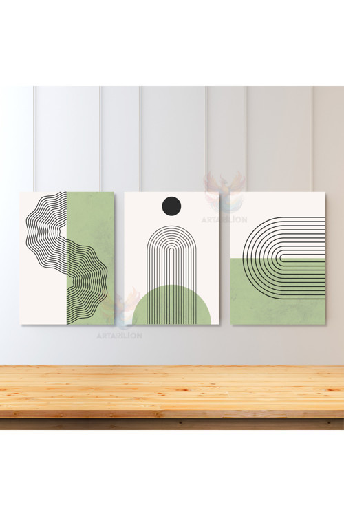 3'lü Set Kanvas Tablo Minimalist Tasarım Line Art Yeşil Beyaz Oturma Odası Tablosu Kanvas Tablo