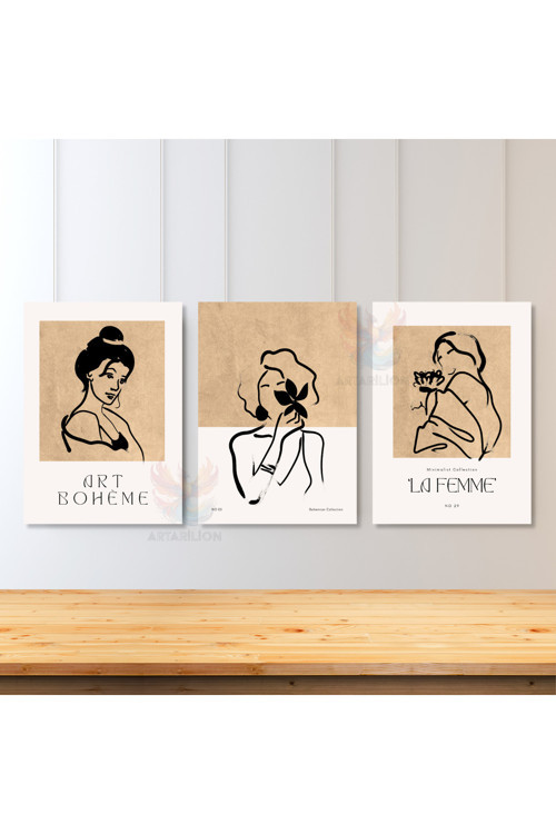 3'lü Set Kanvas Tablo Minimalist Boho Duvar Tablosu Salon Tablosu Bohemian Kadın Temalı Kanvas Tablo
