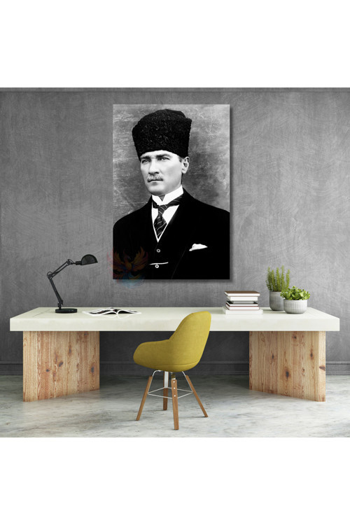 Dikey Kanvas Siyah Beyaz Atatürk Tablosu Kanvas Ofis Ev Tablosu Duvar Dekoru