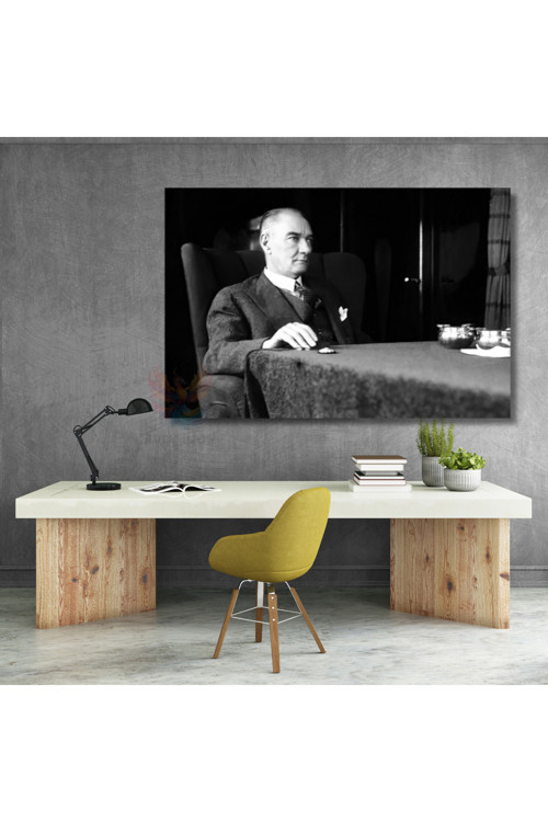 Siyah Beyaz Atatürk Tablosu Yatay Kanvas Tablo Modeli Ev Ofis Duvar Dekoru