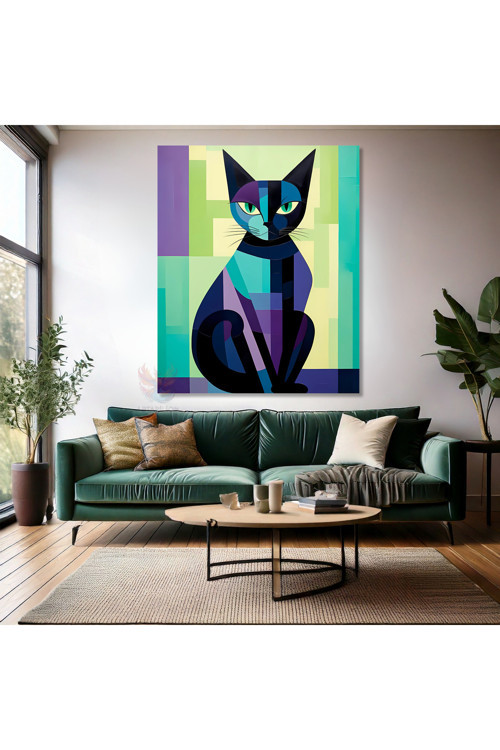 Mozaik Çizim Kedi Görseli Kanvas Baskı Tablo Modern Salon Tablosu