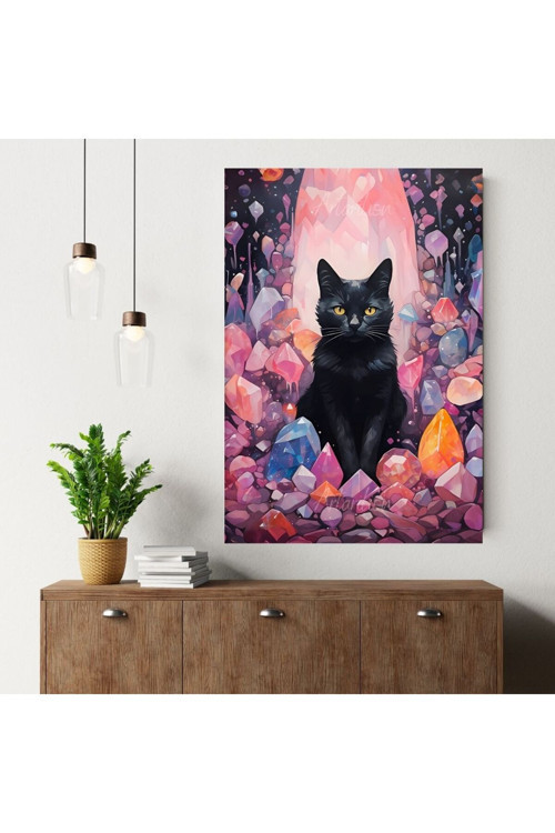 Kanvas Dijital HD Baskı Kanvas Tablo Kristaller ve Siyah Kedi Duvar Tablosu