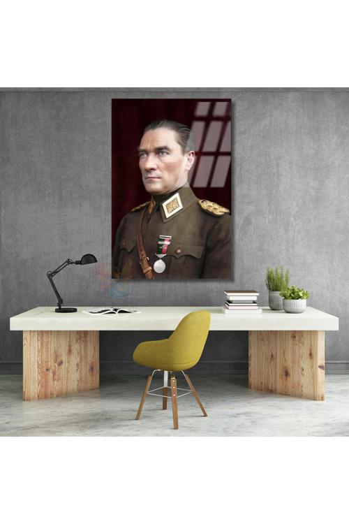 Dikey Cam Renkli Atatürk Tablosu Cam Ofis Ev Tablosu Duvar Dekoru