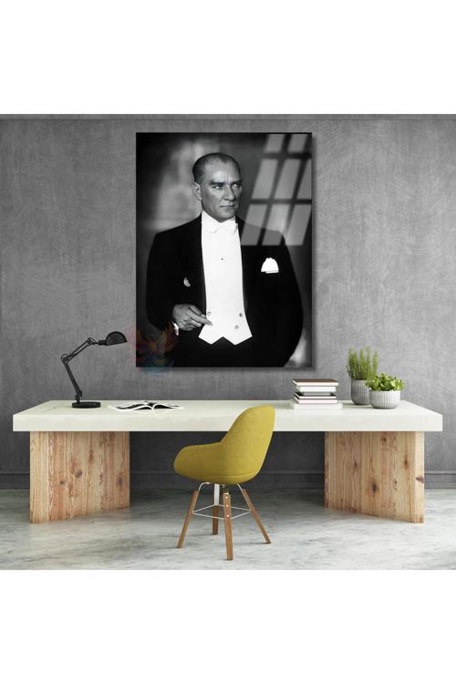 Mustafa Kemal Atatürk Siyah Beyaz Cam Tablo Dikey Duvar Tablosu Ev Ofis Tablosu
