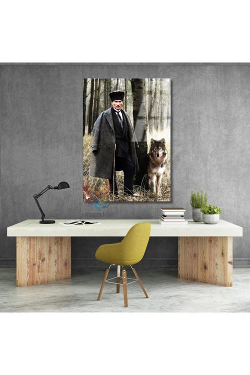 Atatürk ve Kurt Görseli Cam Tablo Dikey Duvar Tablosu Ev Ofis Tablosu