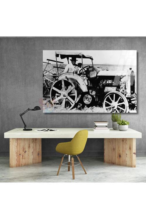 Traktör Süren Atatürk Tablosu Cam Tablo HD Dijital Baskı Yatay Duvar Tablosu