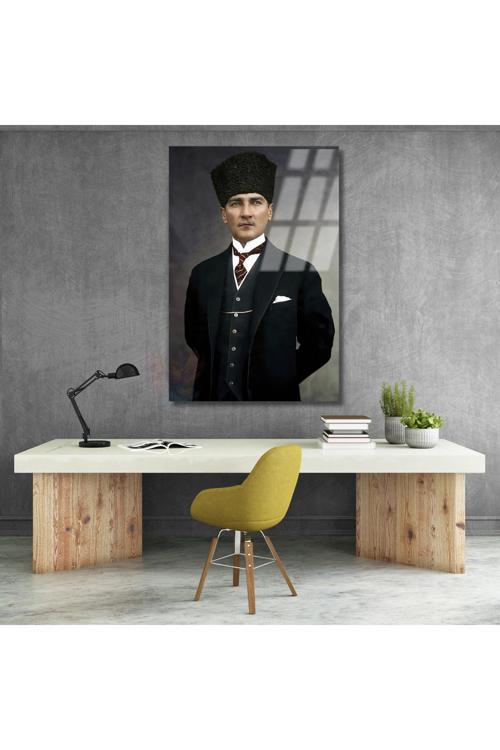 Mustafa Kemal Atatürk Renkli Cam Tablo Dikey Duvar Tablosu Atatürk Tablosu