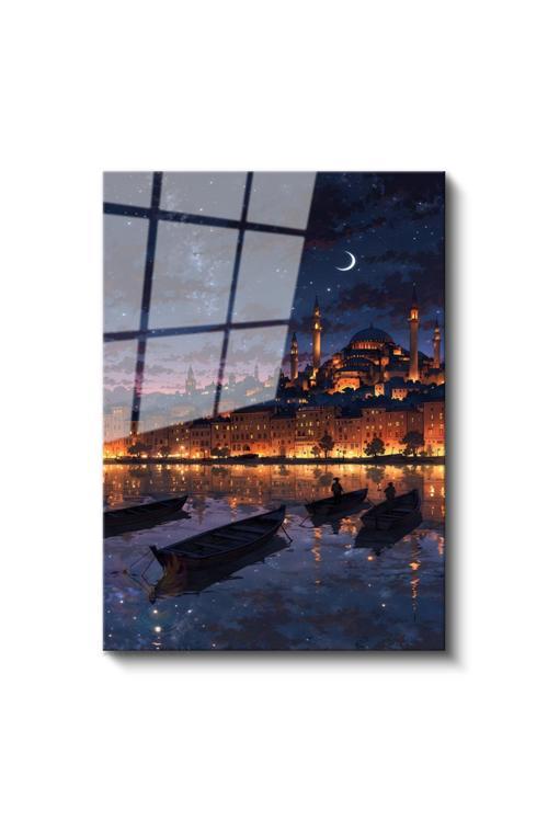 Cam Dikey Duvar Tablosu Cam Ayasofya Gece Ay Ev Ofis Salon Modern Duvar Tablosu