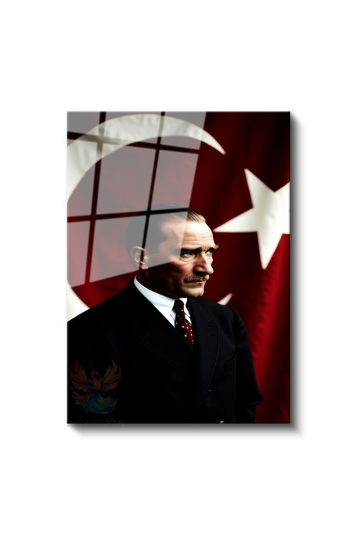 Cam Dikey Duvar Tablosu Cam Atatürk ve Bayrak Ev Ofis Salon Modern Duvar Tablosu