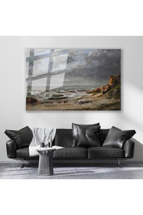 Cam Yatay Duvar Tablosu Cam Dalgali Deniz Manzarası Ev Ofis Salon Modern Duvar Tablosu