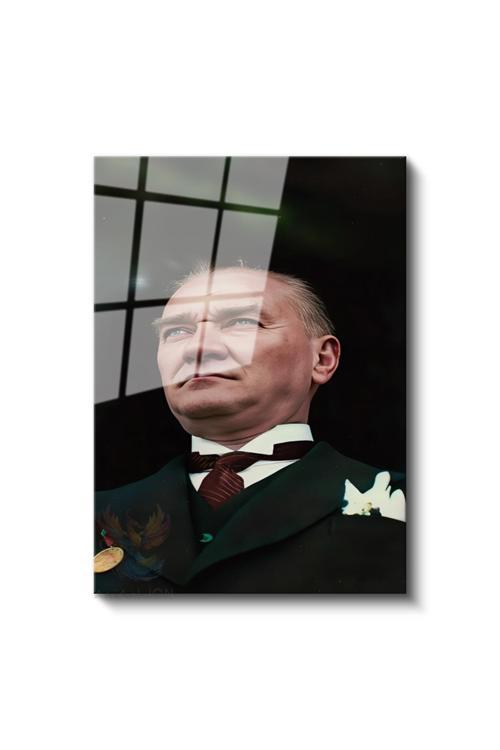 Cam Dikey Duvar Tablosu Cam Atatürk Portre Renkli Ev Ofis Salon Modern Duvar Tablosu