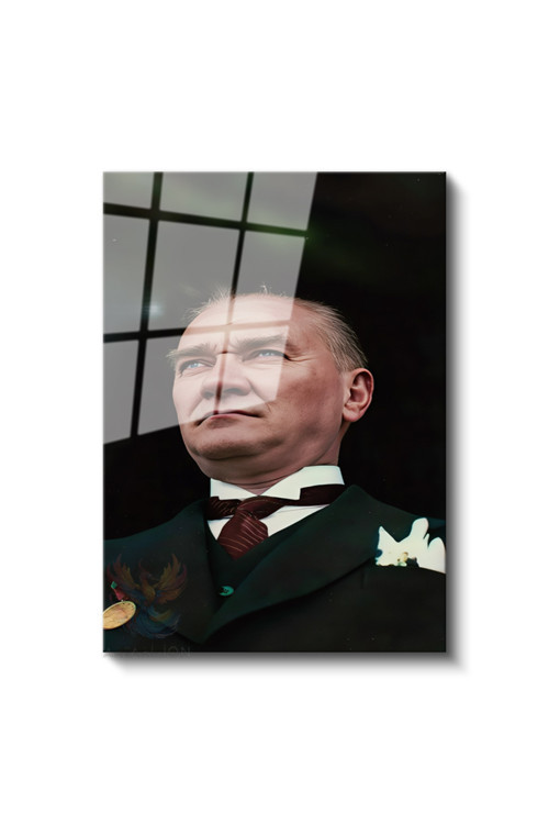 Cam Dikey Duvar Tablosu Cam Atatürk Portre Renkli Ev Ofis Salon Modern Duvar Tablosu