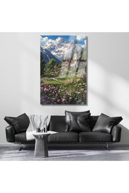 Kırılmaz Cam Tablo Hd Dijital Baskı Karlı Dağlardaki Ev Salon Tablosu Modern Tablo