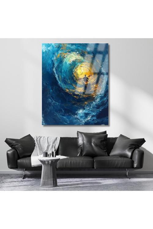 Dalgaların İçindeki Kano Dijital Baskı Kırılmaz Cam Tablo Salon Tablosu