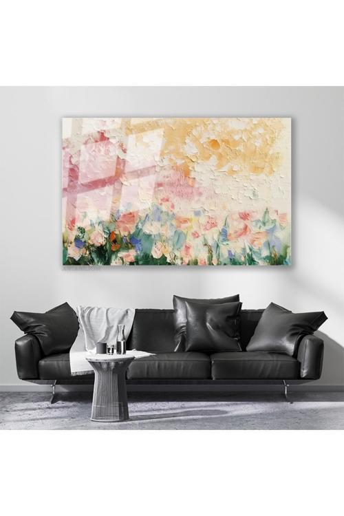 Cam Yatay Duvar Tablosu Cam Firca Darbeleri Cicekler4 Ev Ofis Salon Modern Duvar Tablosu