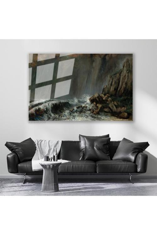 Cam Yatay Duvar Tablosu Cam Firtinali Deniz Ev Ofis Salon Modern Duvar Tablosu