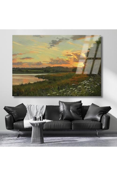 Yağlı Boya Görünümlü Güneşin Batışı Kırılmaz Cam Tablo Manzara Tablosu Salon Tablosu