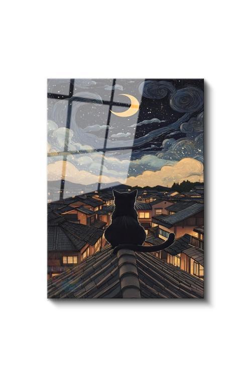 Cam Dikey Duvar Tablosu Cam Ay ve Kedi Ev Ofis Salon Modern Duvar Tablosu
