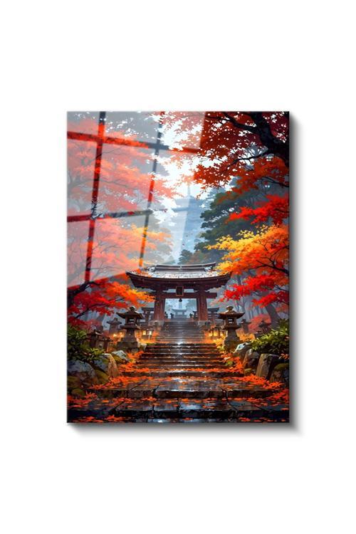 Cam Dikey Duvar Tablosu Cam Japonya Sonbahar Kapılar Ev Ofis Salon Modern Duvar Tablosu