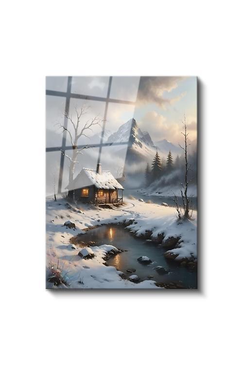 Cam Dikey Duvar Tablosu Cam Karlı Ev Dağ Manzarası Ev Ofis Salon Modern Duvar Tablosu