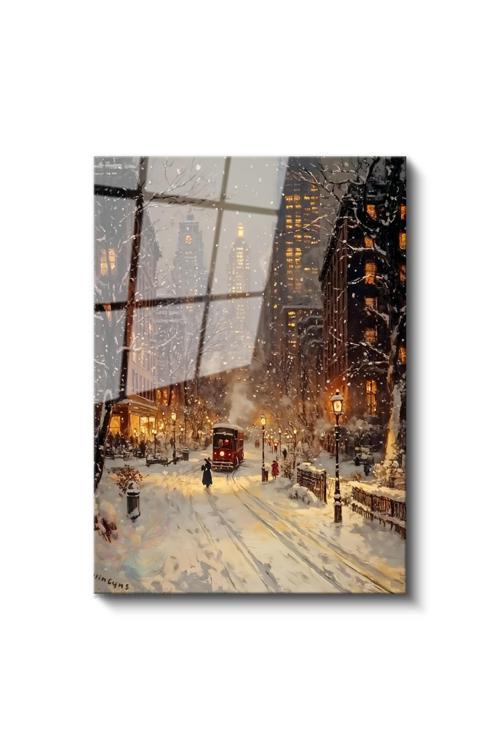 Cam Dikey Duvar Tablosu Cam Karlı Şehir Ev Ofis Salon Modern Duvar Tablosu