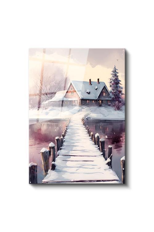 Cam Dikey Duvar Tablosu Cam Kar ve Göl Manzarası Ev Ofis Salon Modern Duvar Tablosu