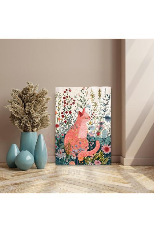 Kırılmaz Cam Tablo Çiçeklerin İçindeki Pembe Kedi Dijital Baskı Salon Tablosu