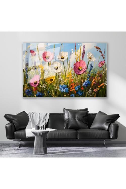 Cam Yatay Duvar Tablosu Cam Firca Darbeleri Cicekler2 Ev Ofis Salon Modern Duvar Tablosu