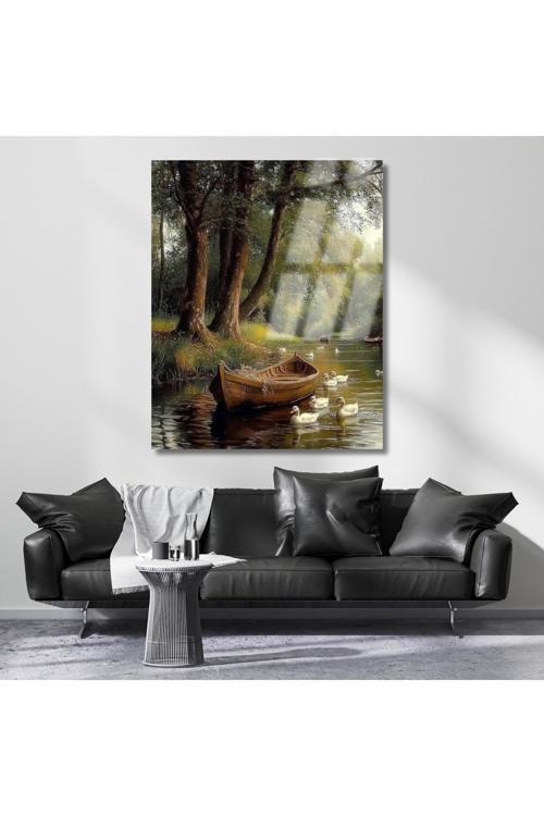 Göldeki Kayık ve Ördekler Manzara Kırılmaz Cam Tablo Ev Dekoru Salon Tablosu