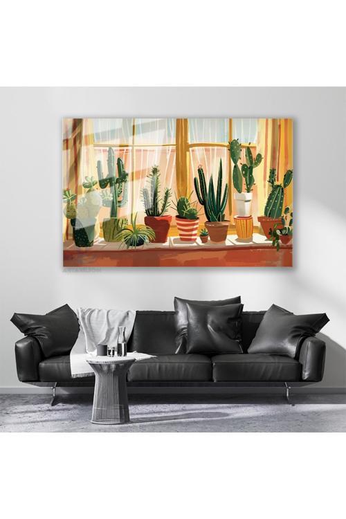 Cam Yatay Duvar Tablosu Cam Saksidaki Kaktusler Ev Ofis Salon Modern Duvar Tablosu