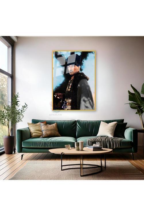 Renkli Atatürk Portresi Metal Çerçeveli Cam Tablo Ev Ofis Duvar Dekoru Cam Atatürk Tablo Modeli