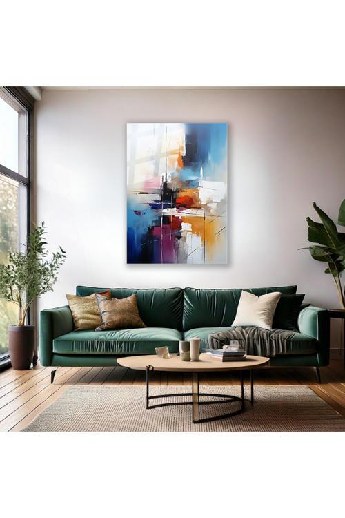 Yağlı Boya Görünümlü Soyut Cam Tablo Renkli Fırça Darbeleri Modern Salon Cam Duvar Tablosu