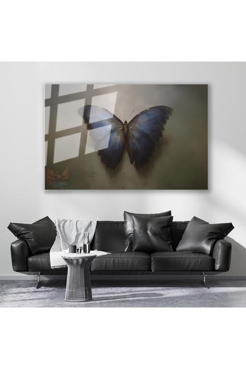 Cam Yatay Duvar Tablosu Cam Mavi Siyah Kelebek Ev Ofis Salon Modern Duvar Tablosu